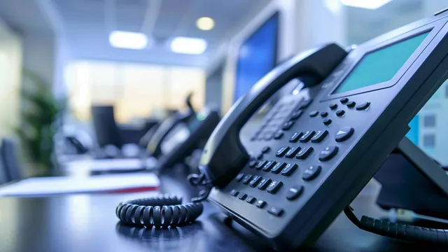 VoIP desk phones lined up on an office desk