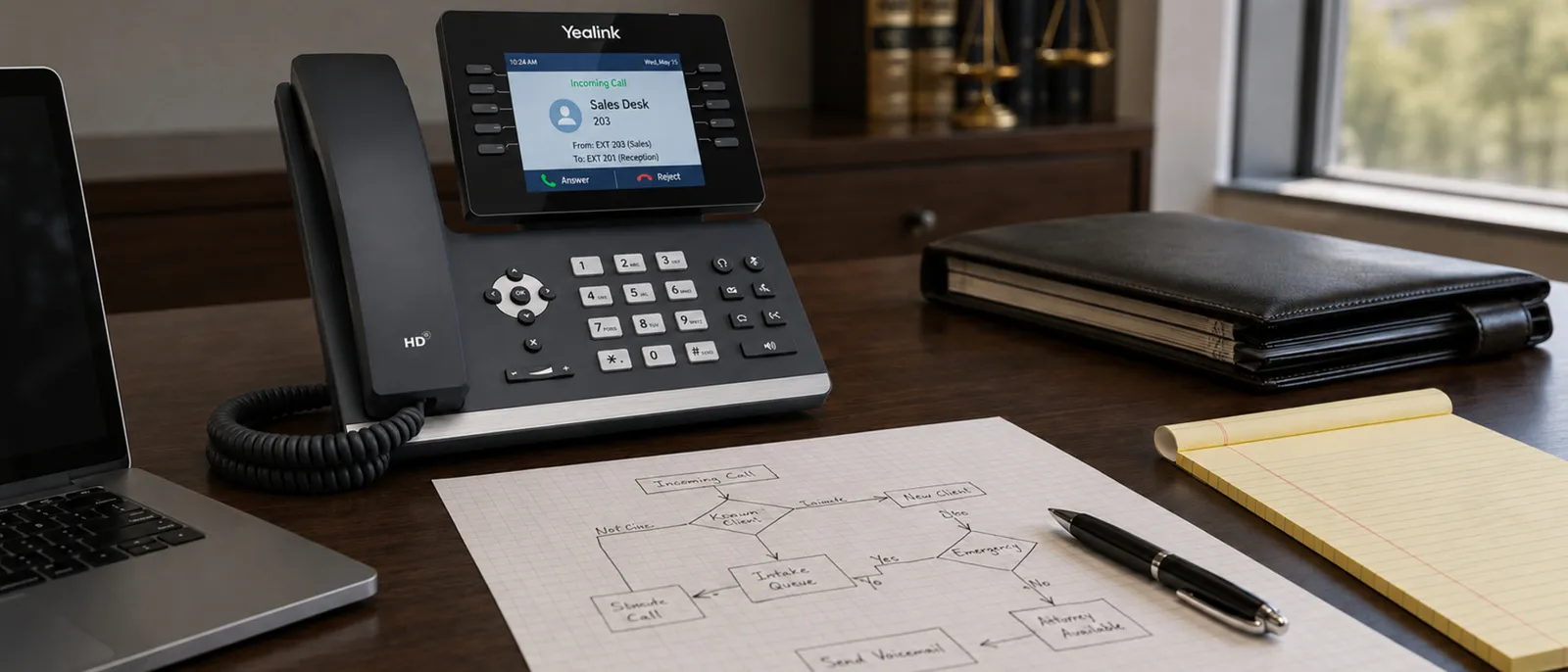 Yealink desk phone showing an incoming call on a law office desk beside a call-routing sketch, laptop, folder, and legal pad