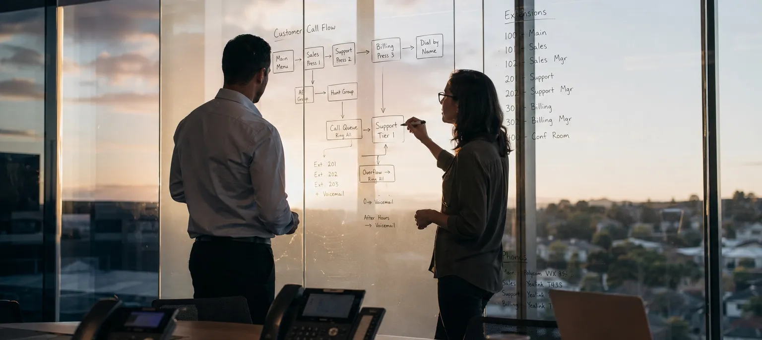 Two colleagues at a glass office wall mapping a customer call-flow diagram with extension assignments, business desk phones on the conference table in the foreground at dusk.